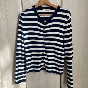 Sezane Navy and White Striped Button-Front Cardigan